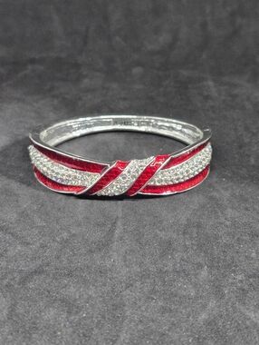 Napier Rhinestone and Red Enamel Silver Tone Clamper Bangle Bracelet